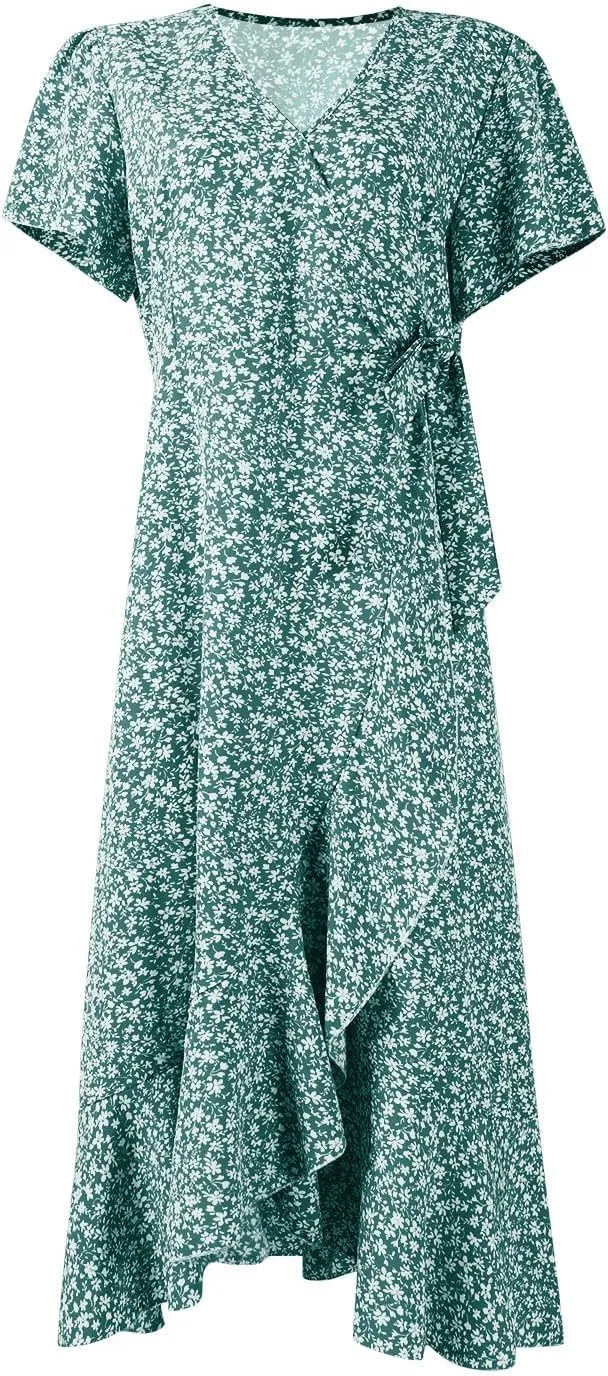 Women Summer Dresses Bohemian Floral Casual Wrap V Neck Ruffle Cap Sleeveless Belt A-Line Pleated Hem Midi Sun Dress