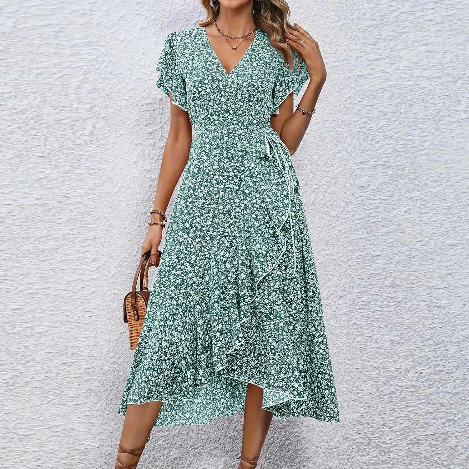 Women Summer Dresses Bohemian Floral Casual Wrap V Neck Ruffle Cap Sleeveless Belt A-Line Pleated Hem Midi Sun Dress