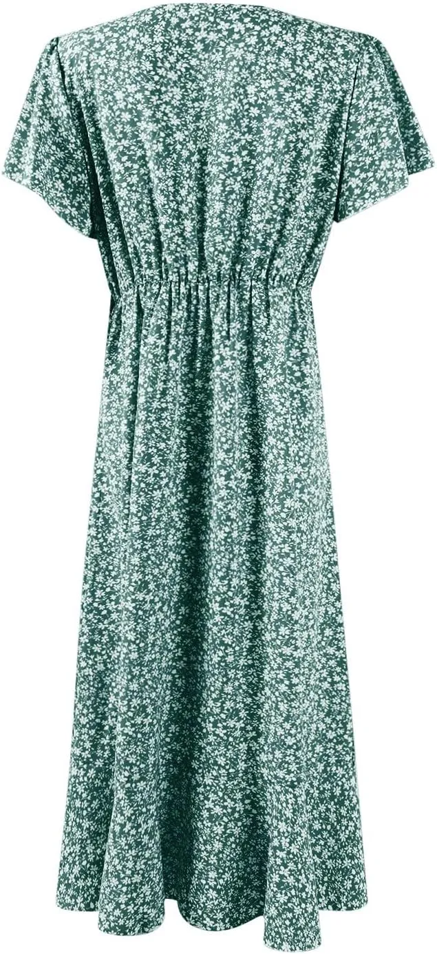 Women Summer Dresses Bohemian Floral Casual Wrap V Neck Ruffle Cap Sleeveless Belt A-Line Pleated Hem Midi Sun Dress