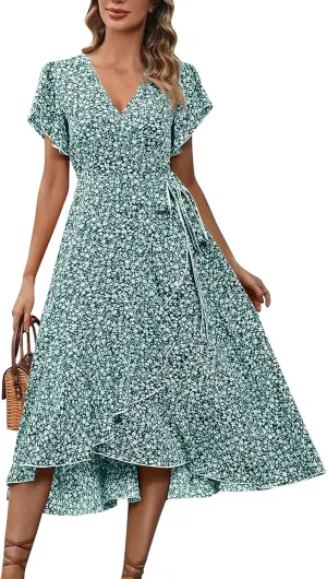 Women Summer Dresses Bohemian Floral Casual Wrap V Neck Ruffle Cap Sleeveless Belt A-Line Pleated Hem Midi Sun Dress