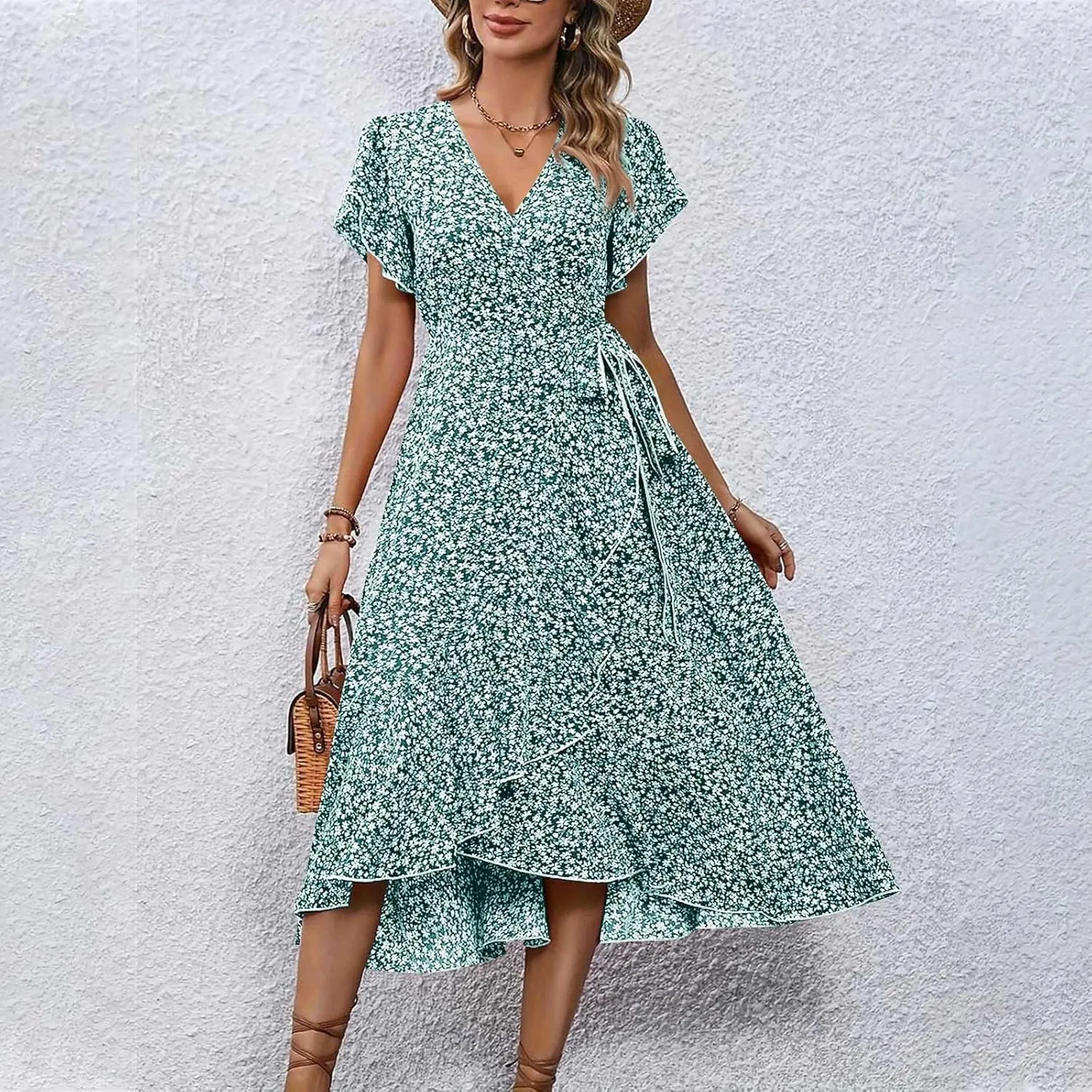 Women Summer Dresses Bohemian Floral Casual Wrap V Neck Ruffle Cap Sleeveless Belt A-Line Pleated Hem Midi Sun Dress