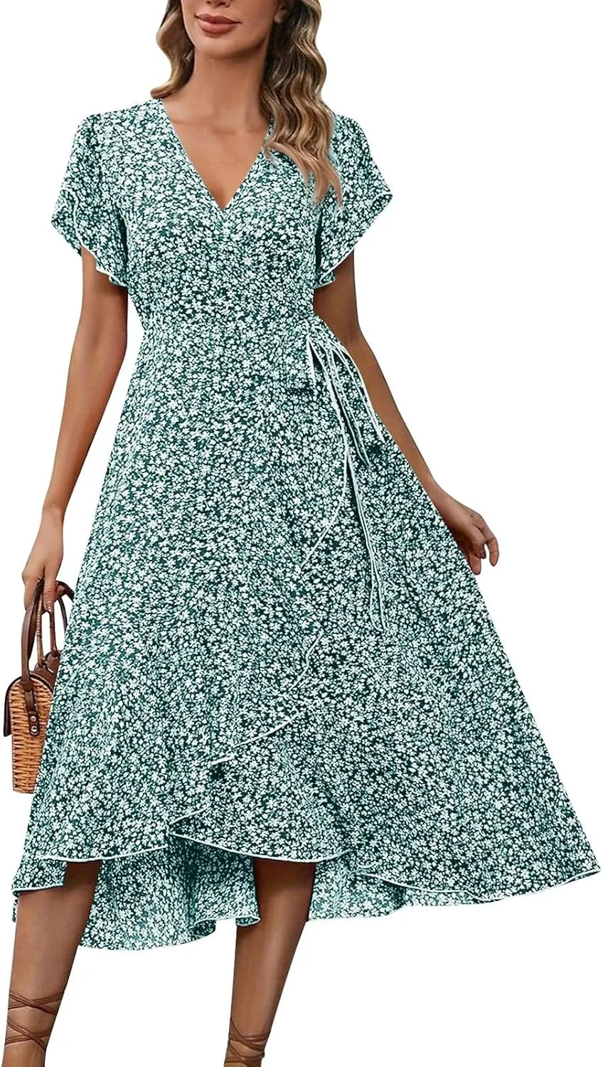 Women Summer Dresses Bohemian Floral Casual Wrap V Neck Ruffle Cap Sleeveless Belt A-Line Pleated Hem Midi Sun Dress