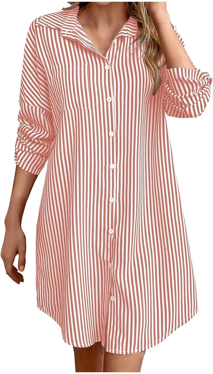 Women Trendy Summer Striped Dress Lapel Neck Long Sleeve Dress Button Loose Fit Midi Dress Casual Everyday Dress