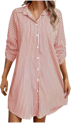 Women Trendy Summer Striped Dress Lapel Neck Long Sleeve Dress Button Loose Fit Midi Dress Casual Everyday Dress