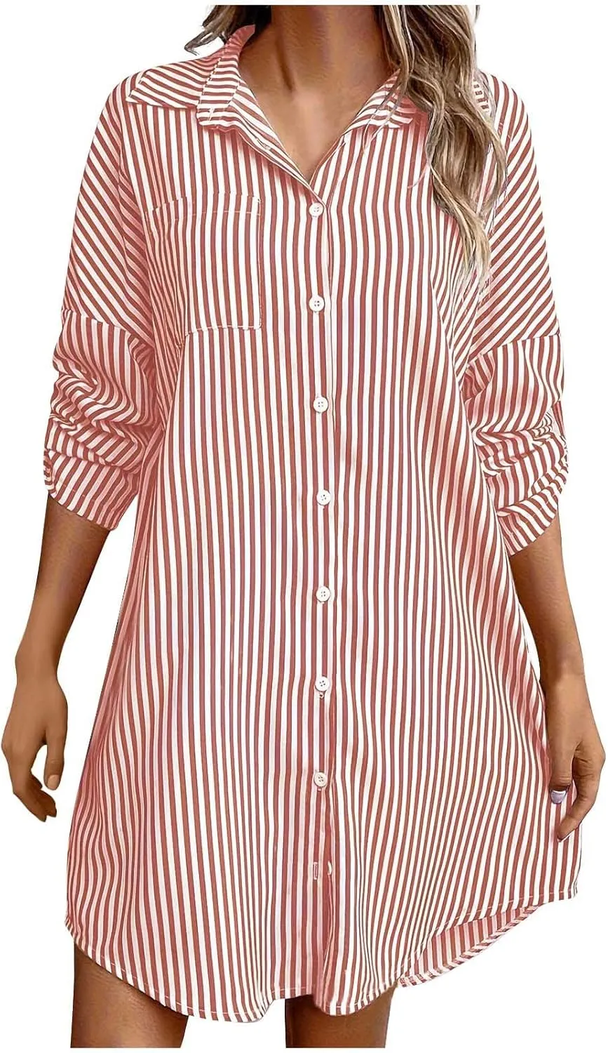 Women Trendy Summer Striped Dress Lapel Neck Long Sleeve Dress Button Loose Fit Midi Dress Casual Everyday Dress