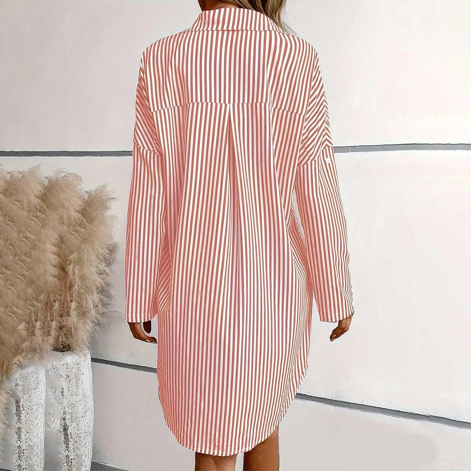 Women Trendy Summer Striped Dress Lapel Neck Long Sleeve Dress Button Loose Fit Midi Dress Casual Everyday Dress