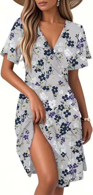 Women's Boho Floral Knee Length Summer Sundresses, V-Neck Short Sleeve High Waist Loose Fit Casual Beach Dress