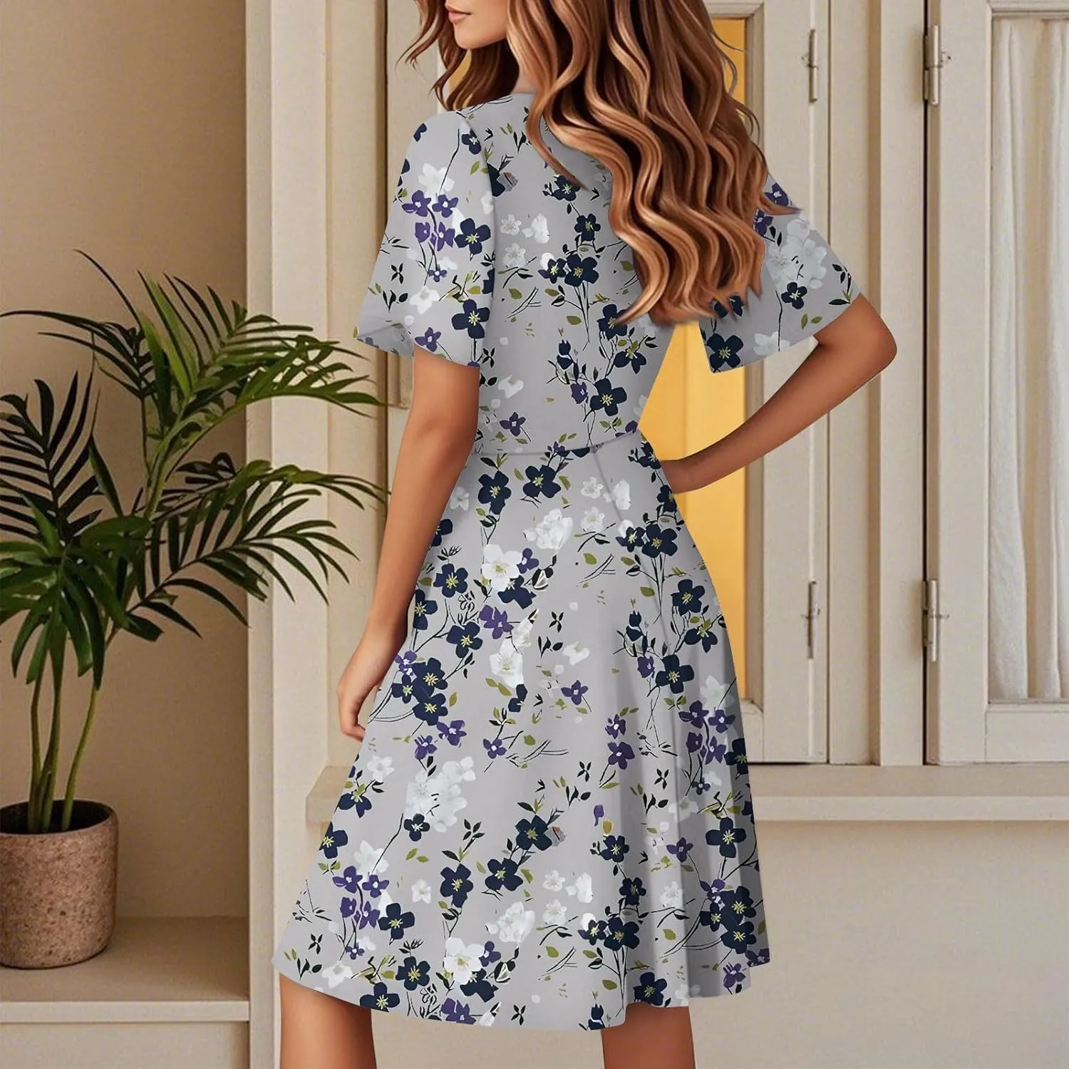 Women's Boho Floral Knee Length Summer Sundresses, V-Neck Short Sleeve High Waist Loose Fit Casual Beach Dress