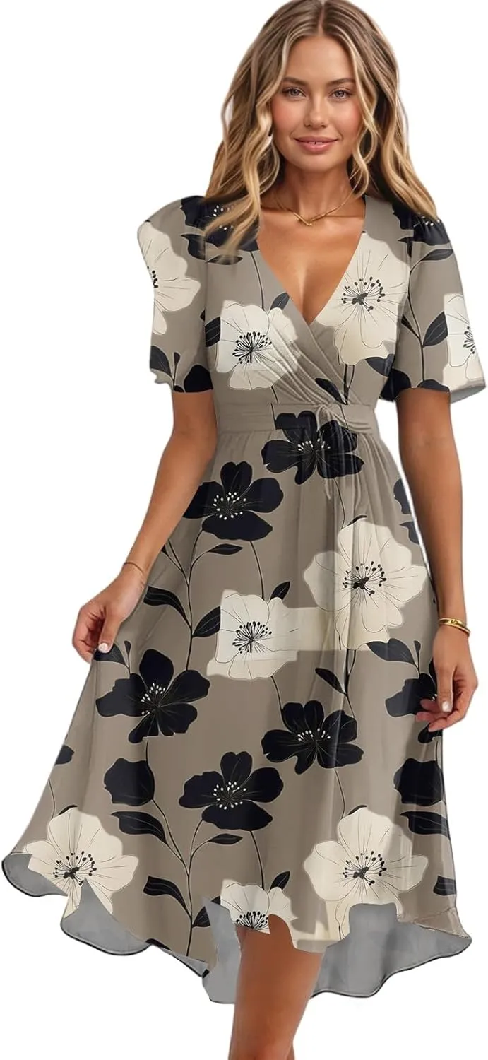 Womens Boho Floral Printed Chiffon Dresses 2025 Elegant V Neck Belted Summer Wedding Prom Cocktail Midi Dress