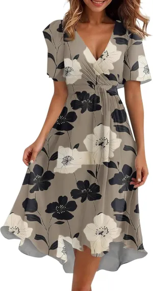 Womens Boho Floral Printed Chiffon Dresses 2025 Elegant V Neck Belted Summer Wedding Prom Cocktail Midi Dress