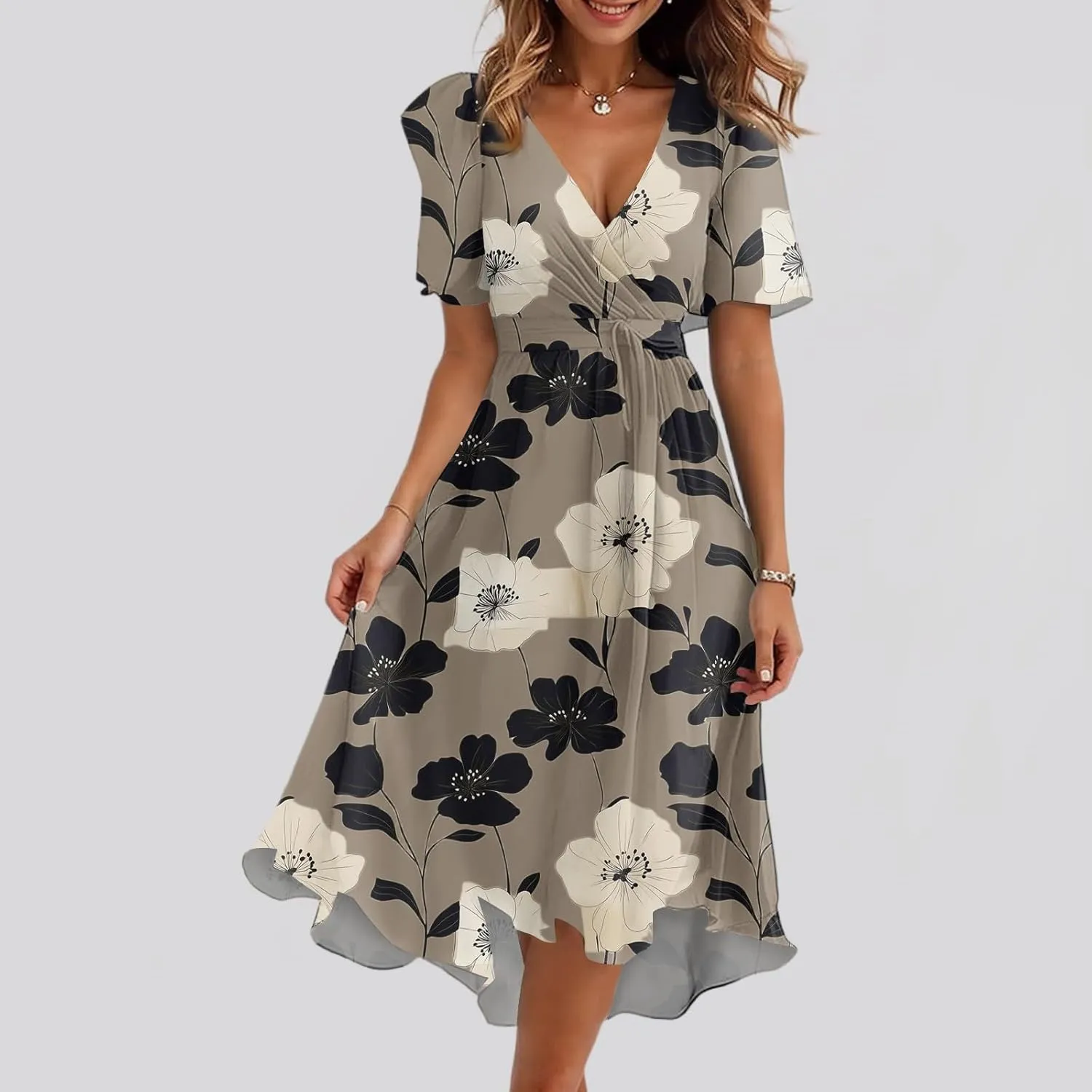 Womens Boho Floral Printed Chiffon Dresses 2025 Elegant V Neck Belted Summer Wedding Prom Cocktail Midi Dress