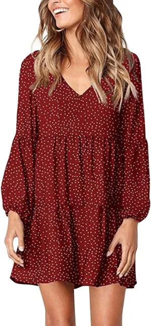 Womens Dresses Solid Long Lantern Sleeve Dresses V-Neck Ruffle Pleated Hem Dresses Loose Fashion Dress Vintage Dress