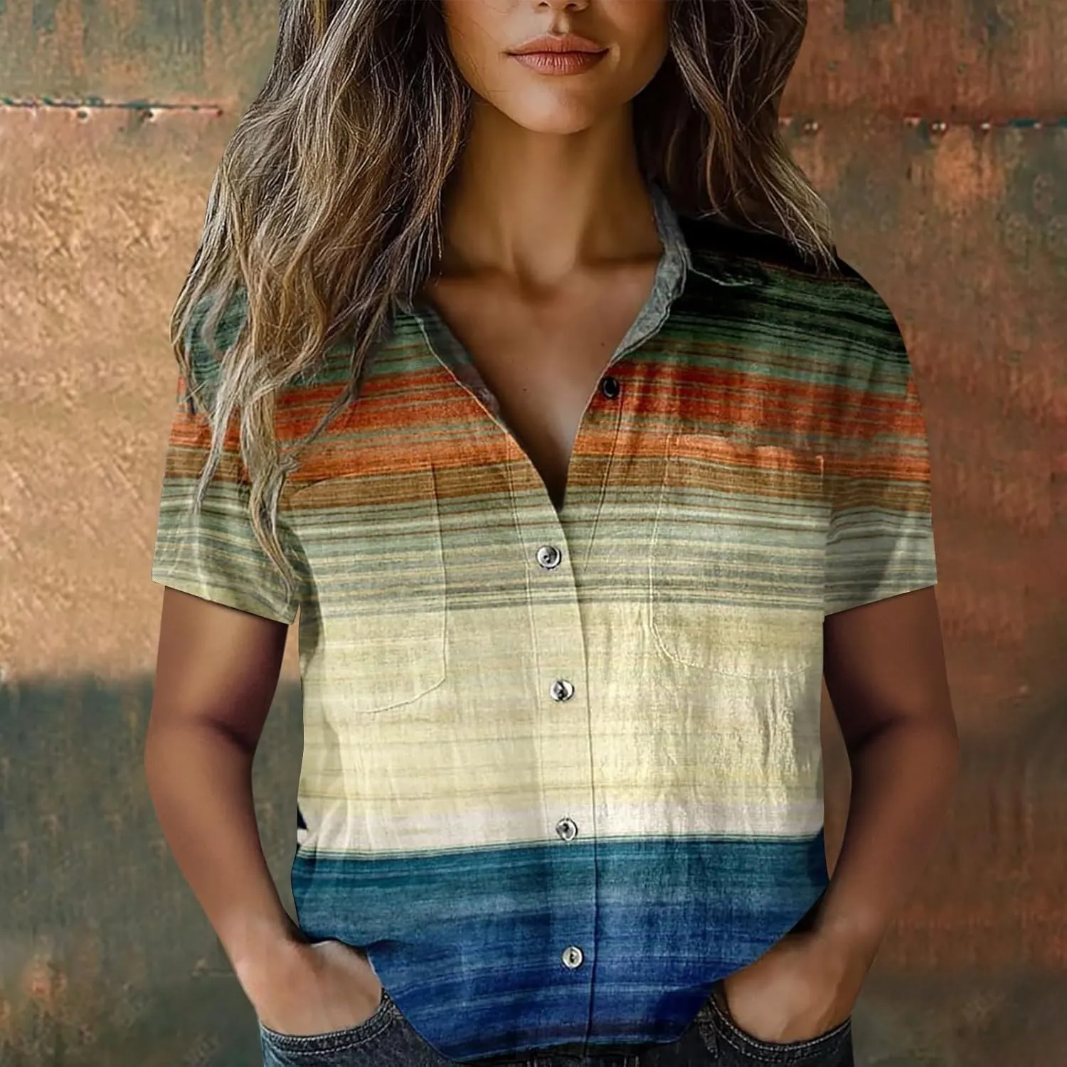 Women's Ethnic Shirts Floral Print Button Down Shirt Loose Fit Short Sleeve Linen Blouse Summer Boho Casual Tops