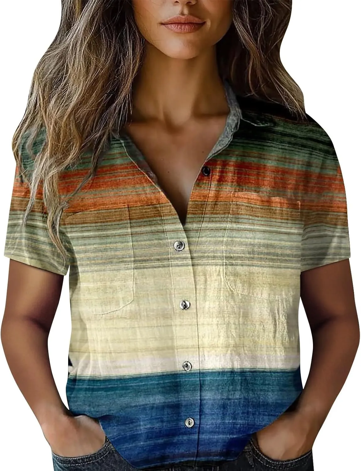 Women's Ethnic Shirts Floral Print Button Down Shirt Loose Fit Short Sleeve Linen Blouse Summer Boho Casual Tops
