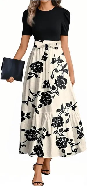 Women's Floral Summer Maxi Dresses Boho Tie Belted Patchwork Empire Waist Short Sleeve Ruffle Flowy Long Dress