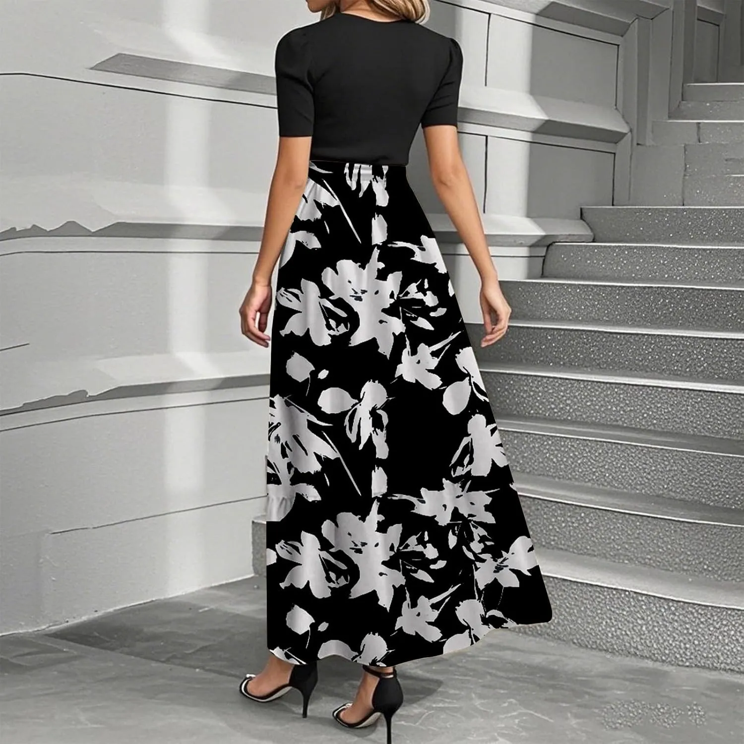 Women's Floral Summer Maxi Dresses Boho Tie Belted Patchwork Empire Waist Short Sleeve Ruffle Flowy Long Dress
