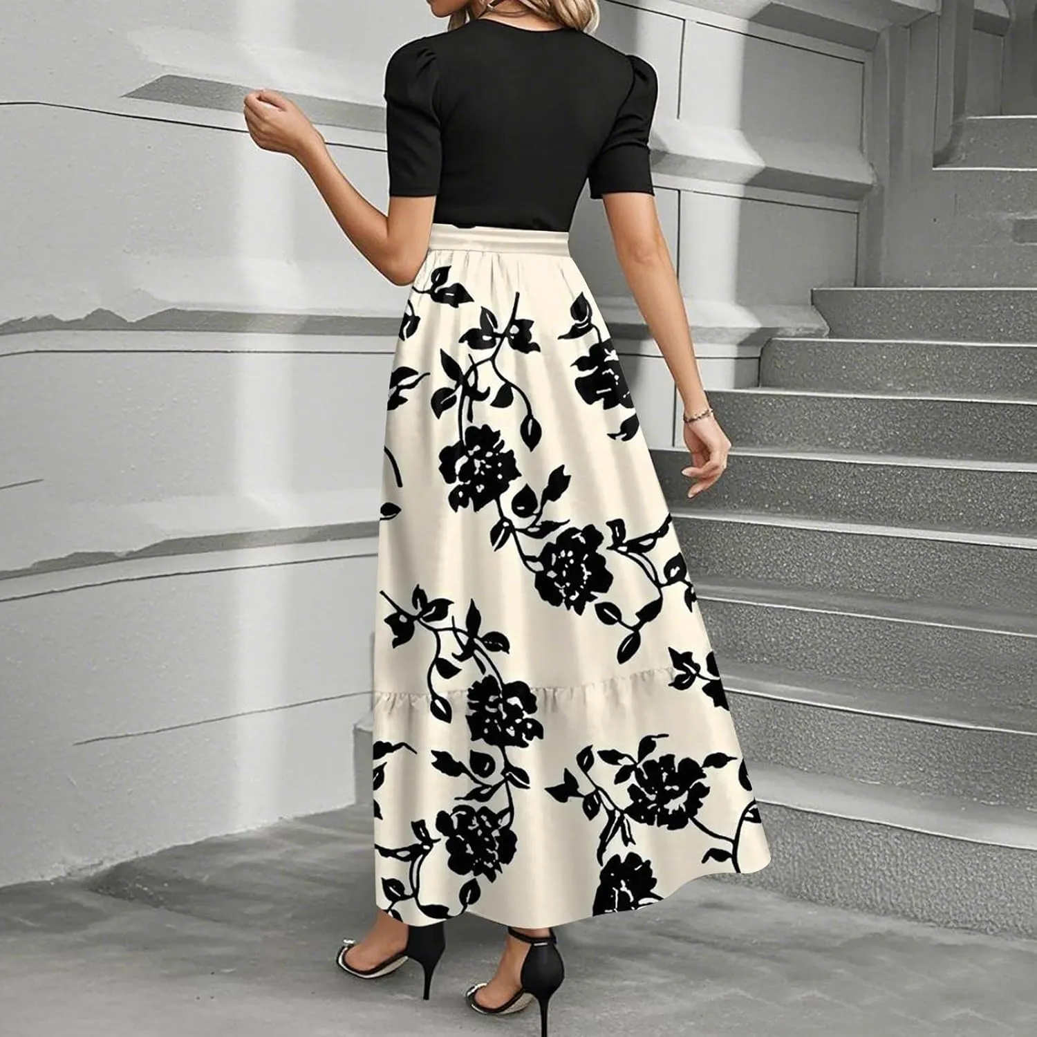Women's Floral Summer Maxi Dresses Boho Tie Belted Patchwork Empire Waist Short Sleeve Ruffle Flowy Long Dress