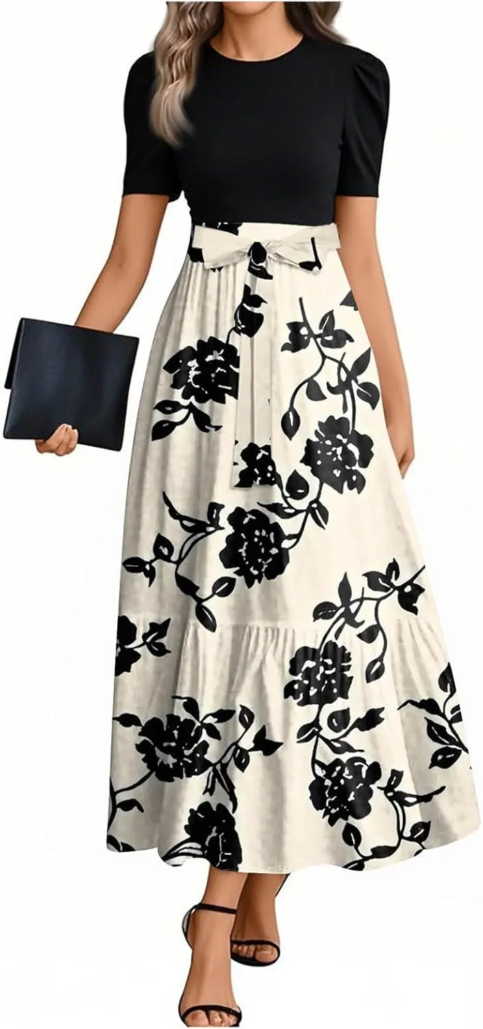 Women's Floral Summer Maxi Dresses Boho Tie Belted Patchwork Empire Waist Short Sleeve Ruffle Flowy Long Dress
