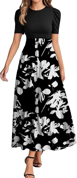 Women's Floral Summer Maxi Dresses Boho Tie Belted Patchwork Empire Waist Short Sleeve Ruffle Flowy Long Dress
