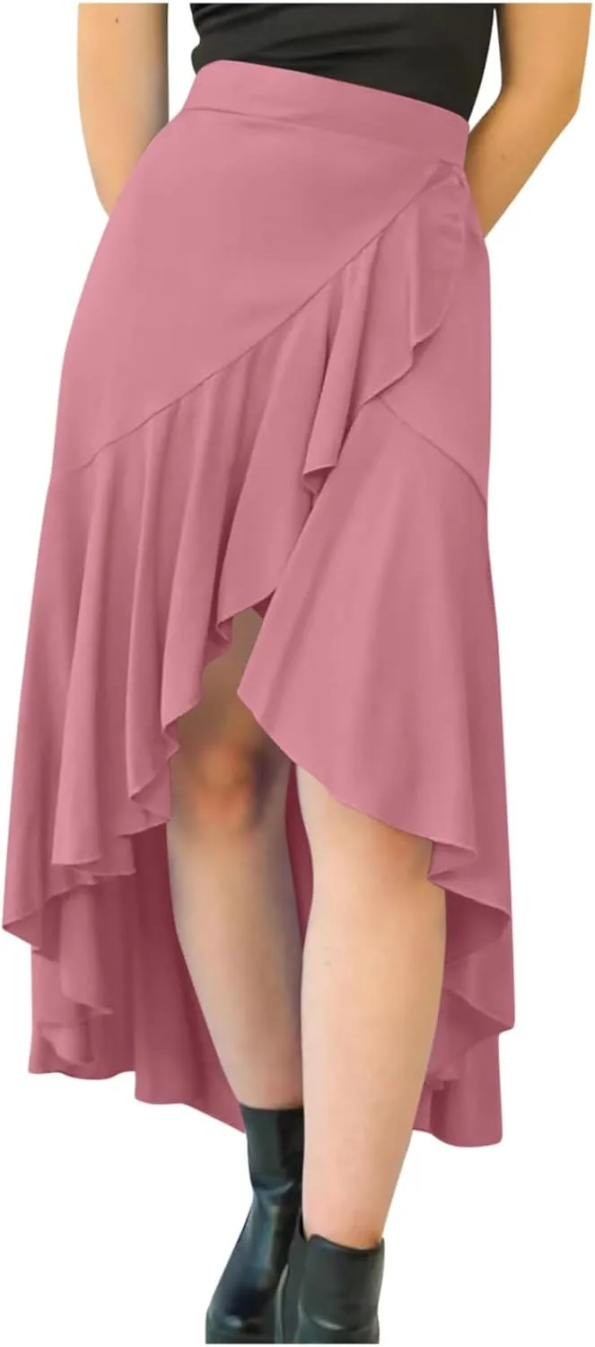 Women's High Waist Skirts Dressy Casual Ruffle Shirts High Low Asymmetric Skirt Elastic Waist Flowy Skirts Business Skirt