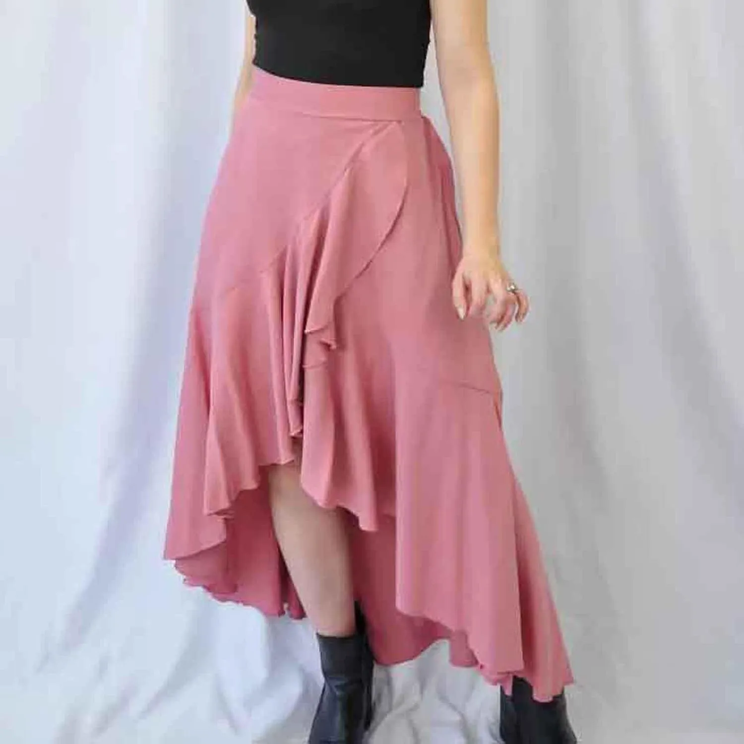 Women's High Waist Skirts Dressy Casual Ruffle Shirts High Low Asymmetric Skirt Elastic Waist Flowy Skirts Business Skirt