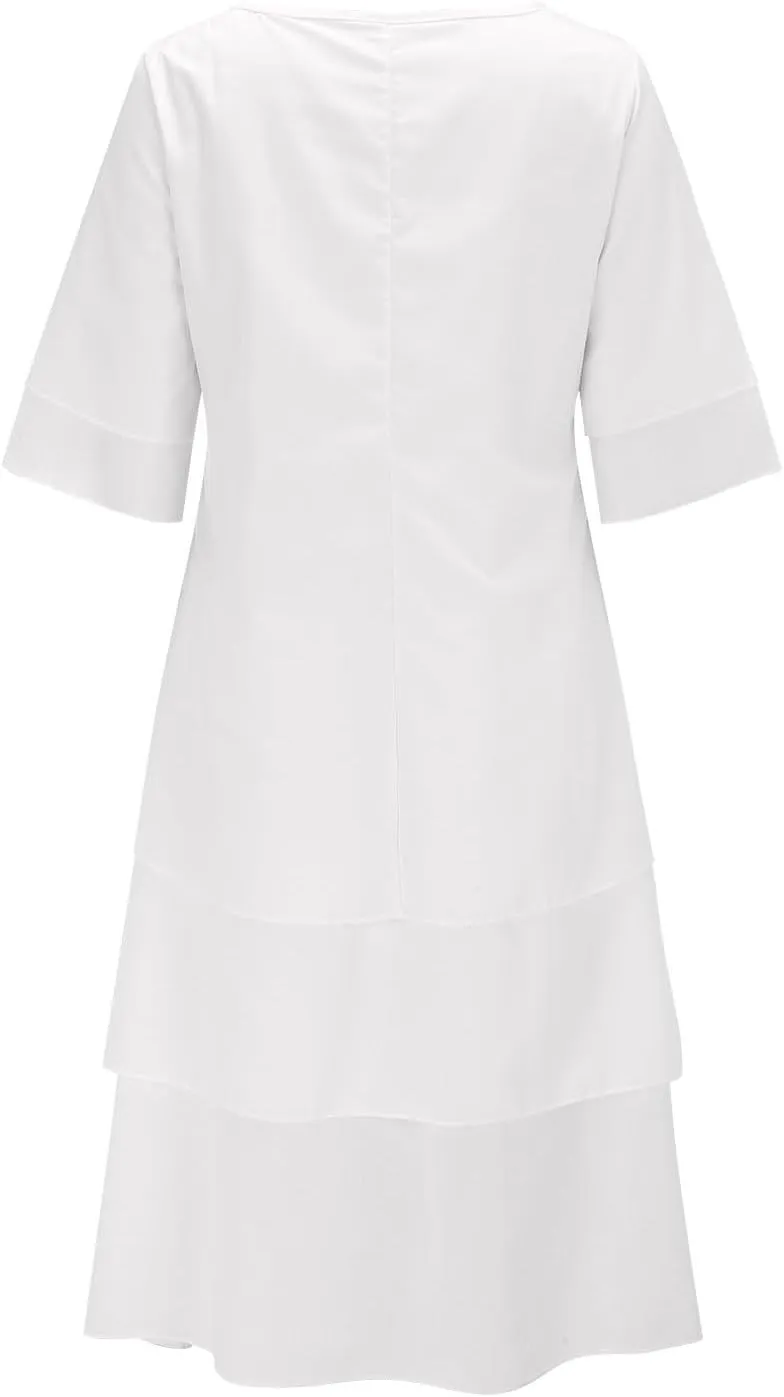 Women's Linen Dresses Layered Short Sleeve Crew Neck Dresses Loose Fit Long Dresses Summer Irregular Flowy Boho Dress