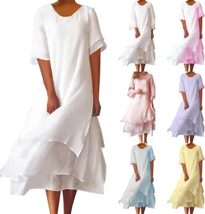Women's Linen Dresses Layered Short Sleeve Crew Neck Dresses Loose Fit Long Dresses Summer Irregular Flowy Boho Dress