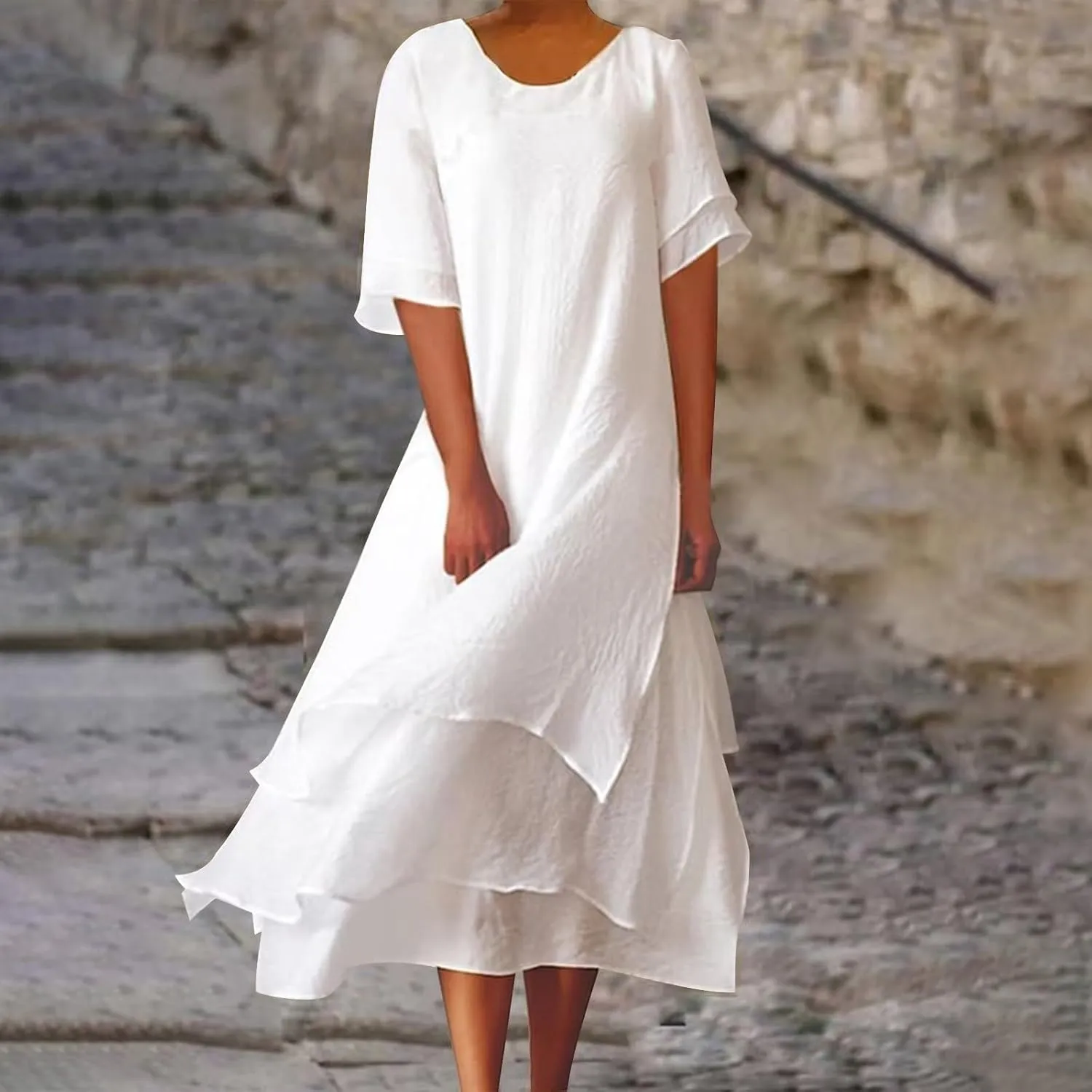 Women's Linen Dresses Layered Short Sleeve Crew Neck Dresses Loose Fit Long Dresses Summer Irregular Flowy Boho Dress