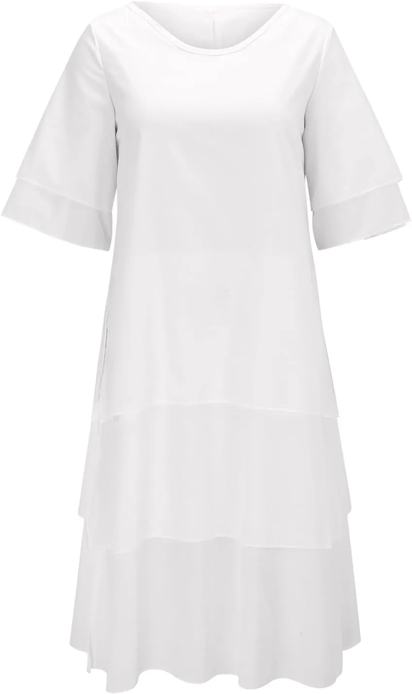 Women's Linen Dresses Layered Short Sleeve Crew Neck Dresses Loose Fit Long Dresses Summer Irregular Flowy Boho Dress