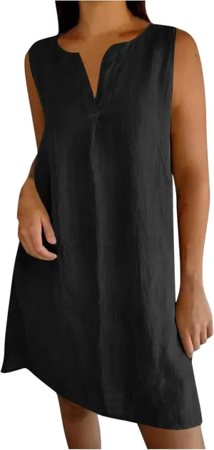 Women's Sleeveless Linen Shift Dress 2025 Summer Plain Casual Beach Dresses Solid Long Tank Sundress Vacation Outfits