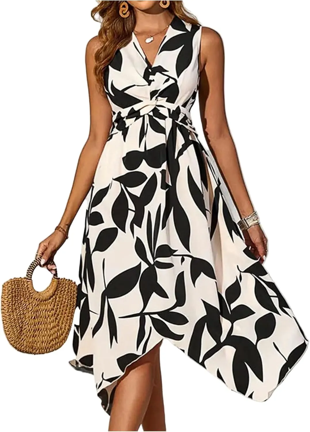 Womens Spring Dress Short Sleeve Classy Belted V-Neck Sundress and Asymmetric Hem Beach Tie Waist Floral Print Midi Dress