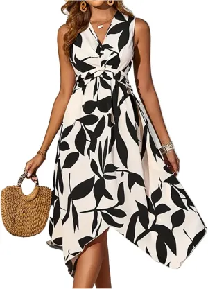 Womens Spring Dress Short Sleeve Classy Belted V-Neck Sundress and Asymmetric Hem Beach Tie Waist Floral Print Midi Dress