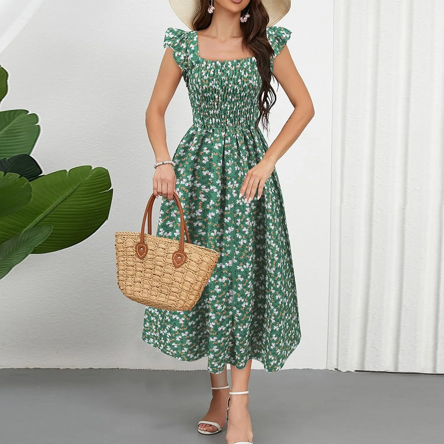 Women's Spring Dresses 2025 Square Neck Cap Ruffle Sleeve Boho Floral High Waist Aline Corset Midi Dress, S-XL