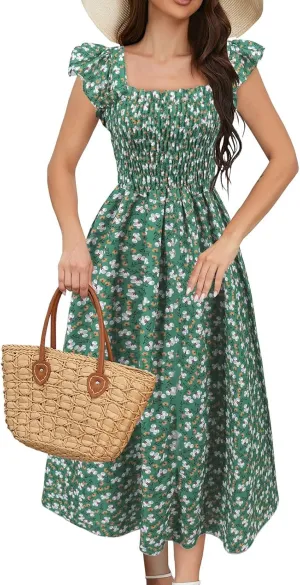 Women's Spring Dresses 2025 Square Neck Cap Ruffle Sleeve Boho Floral High Waist Aline Corset Midi Dress, S-XL