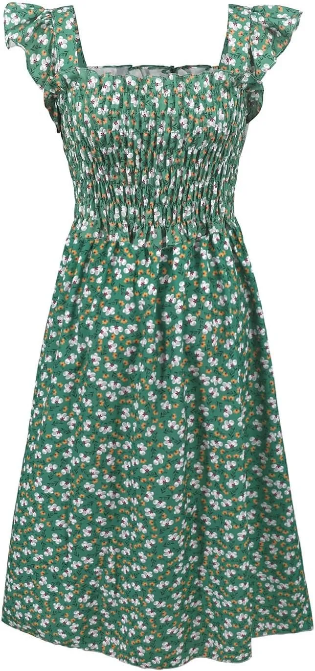 Women's Spring Dresses 2025 Square Neck Cap Ruffle Sleeve Boho Floral High Waist Aline Corset Midi Dress, S-XL