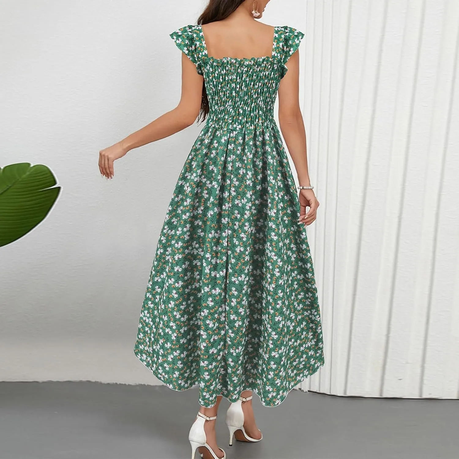 Women's Spring Dresses 2025 Square Neck Cap Ruffle Sleeve Boho Floral High Waist Aline Corset Midi Dress, S-XL