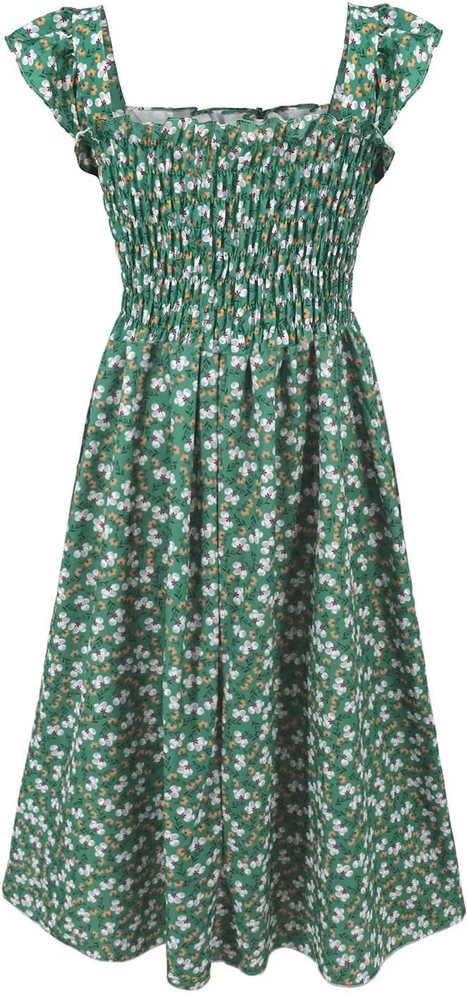 Women's Spring Dresses 2025 Square Neck Cap Ruffle Sleeve Boho Floral High Waist Aline Corset Midi Dress, S-XL