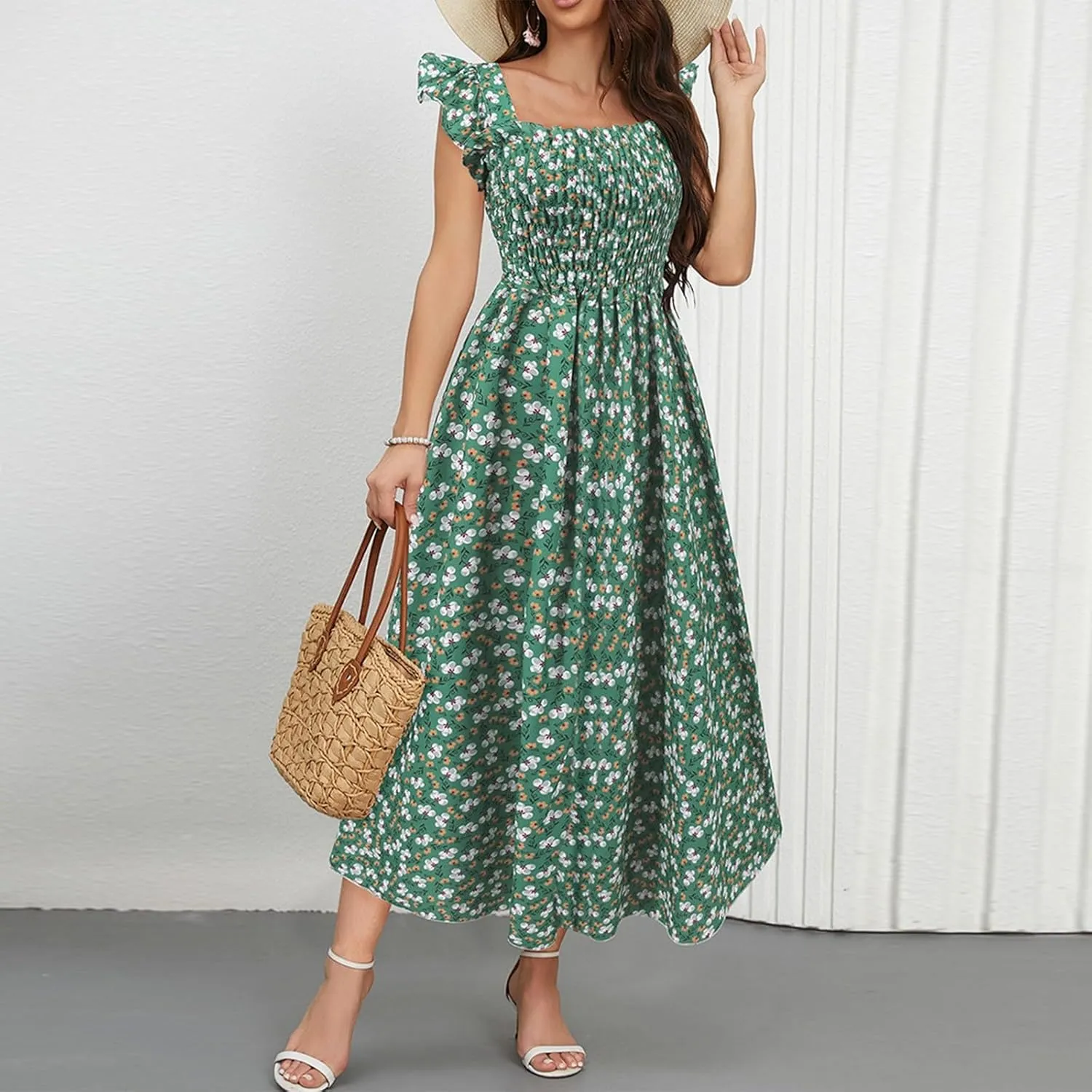 Women's Spring Dresses 2025 Square Neck Cap Ruffle Sleeve Boho Floral High Waist Aline Corset Midi Dress, S-XL