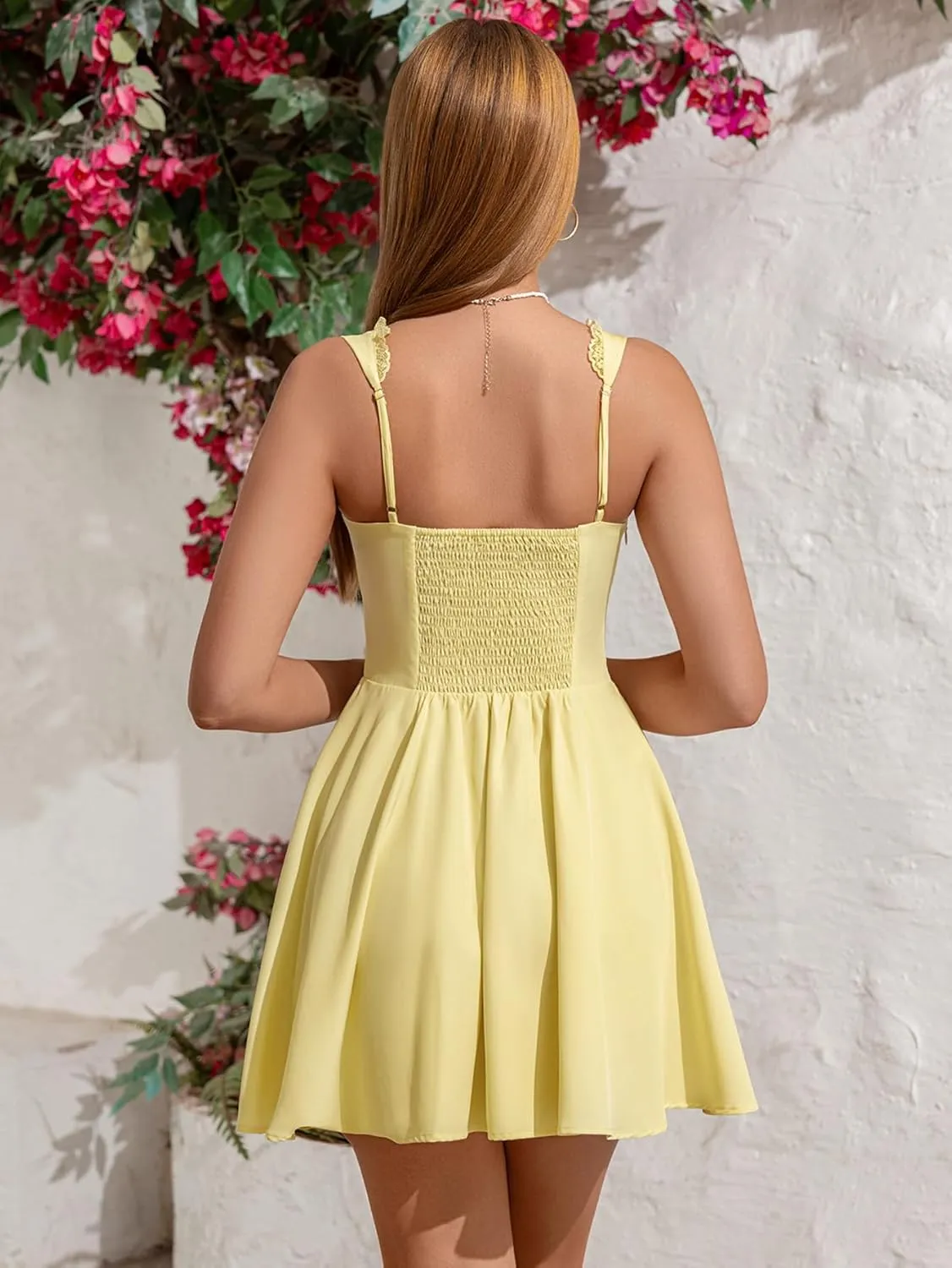 Women's Square Neck Lace Summer Casual Mini Dress Ruffle Flowy A Line Corset Buttons Cute Short Graduation Dresses