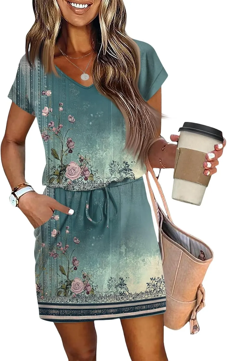 Women's Summer Dress 2025 Printed V-Neck Short Sleeve Drawstring Dress with Pocket Elegant Colorful Sundress