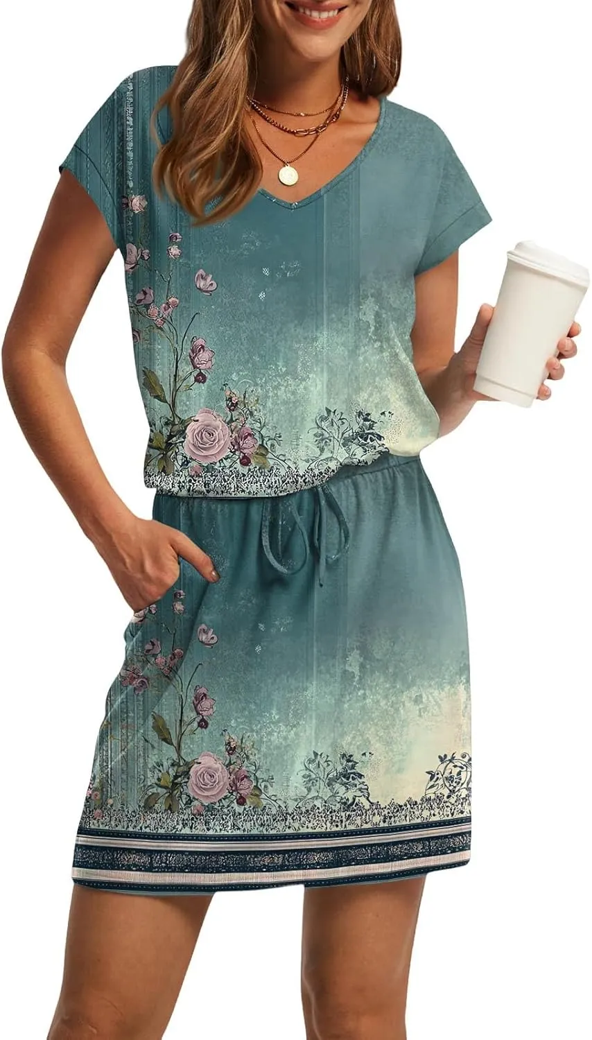 Women's Summer Dress 2025 Printed V-Neck Short Sleeve Drawstring Dress with Pocket Elegant Colorful Sundress