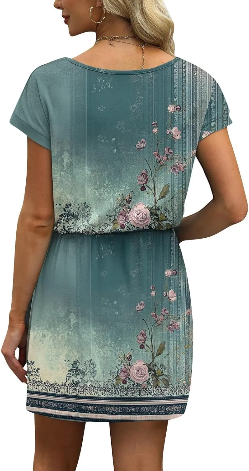 Women's Summer Dress 2025 Printed V-Neck Short Sleeve Drawstring Dress with Pocket Elegant Colorful Sundress