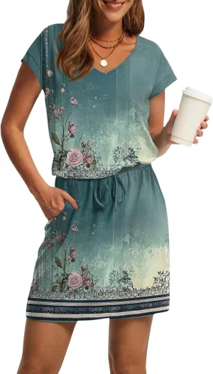 Women's Summer Dress 2025 Printed V-Neck Short Sleeve Drawstring Dress with Pocket Elegant Colorful Sundress