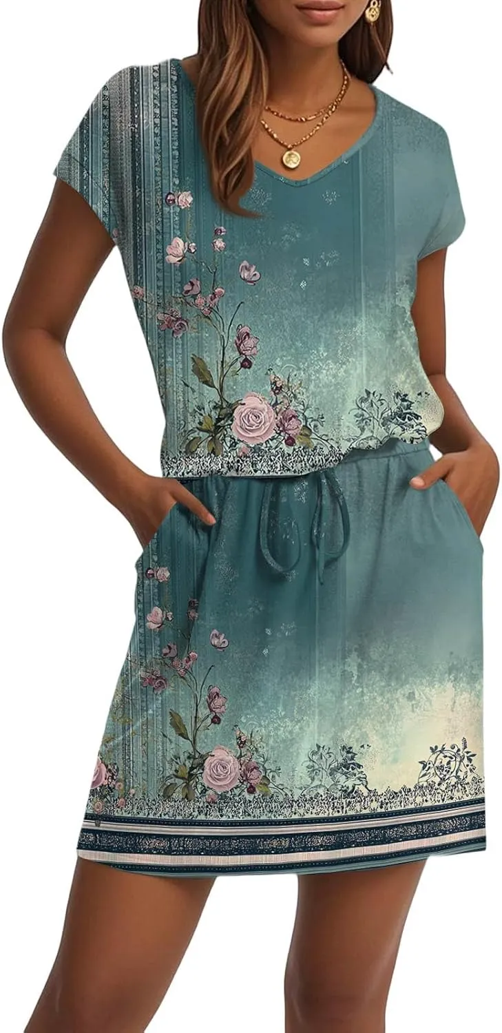 Women's Summer Dress 2025 Printed V-Neck Short Sleeve Drawstring Dress with Pocket Elegant Colorful Sundress