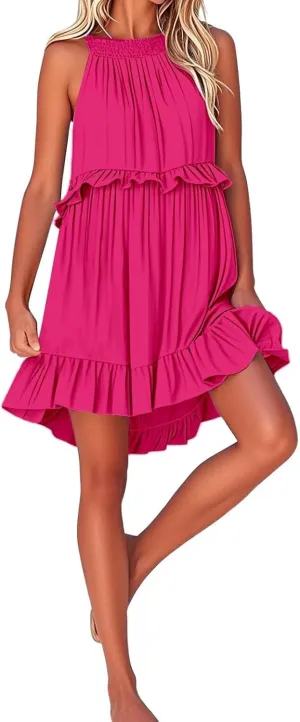 Women's Summer Dresses 2025 Sleeveless Halter Ruffle Hem Mini Short Dress A-Line Flowy Boho Beach Vacation Sundress
