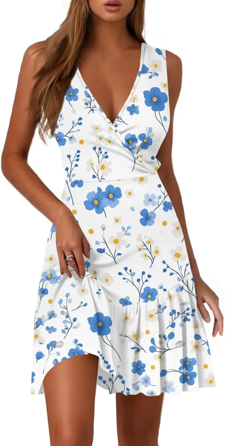 Womens Summer Dresses 2025 Sleeveless V-Neck Wrap Dress with Ruffled Hem Graphic Print Waist Sundress
