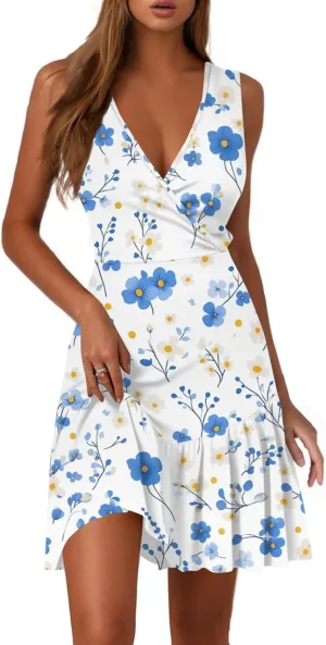 Womens Summer Dresses 2025 Sleeveless V-Neck Wrap Dress with Ruffled Hem Graphic Print Waist Sundress