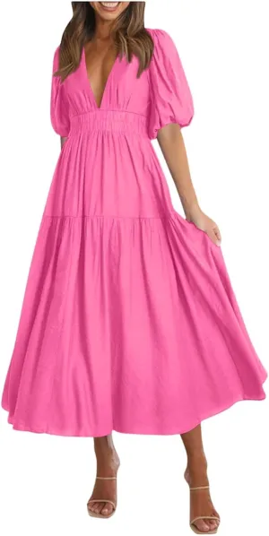 Womens Summer Dresses Trendy Plain Draped Dress Classy Fit and Flare Cinched Waist V Neck Vacation Beach Frock Resort A Line Puff Sleeve Daisy Floral A Line Daily White Sundress