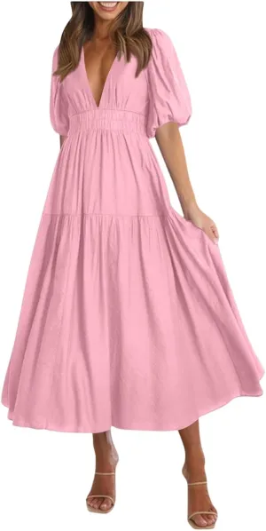 Womens Summer Dresses Trendy Plain Draped Dress Classy Fit and Flare Cinched Waist V Neck Vacation Beach Frock Resort A Line Puff Sleeve Daisy Floral A Line Daily White Sundress