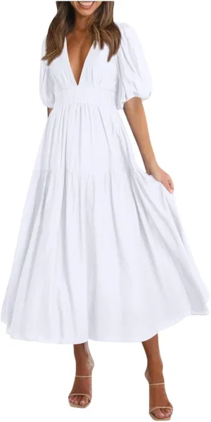 Womens Summer Dresses Trendy Plain Draped Dress Classy Fit and Flare Cinched Waist V Neck Vacation Beach Frock Resort A Line Puff Sleeve Daisy Floral A Line Daily White Sundress